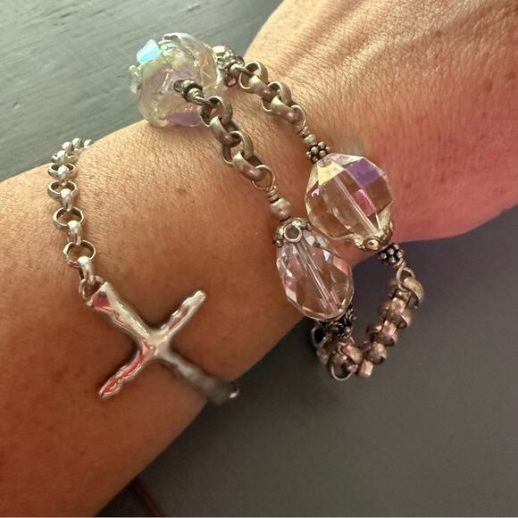 925 Sterling Silver Clear Opalescent Beaded Chainlink Multi Chain Bracelet - Picture 8 of 8